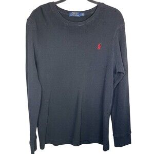 Ralph Lauren Polo Shirt Mens Large Black Long Sleeve Red Pony Adult Waffle Knit